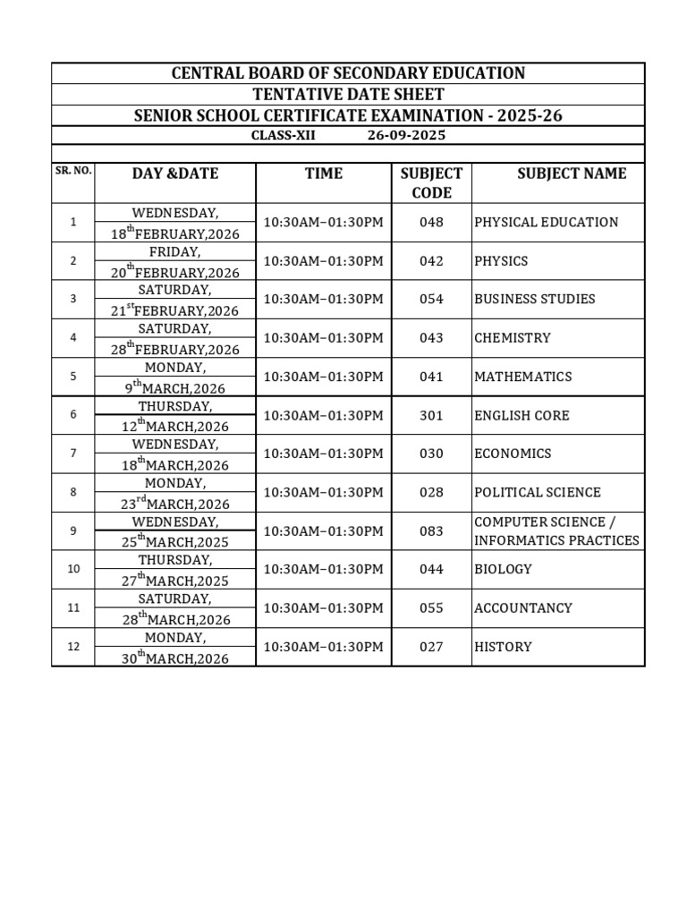 Tentative Date Sheet for Class XII Exams | PDF