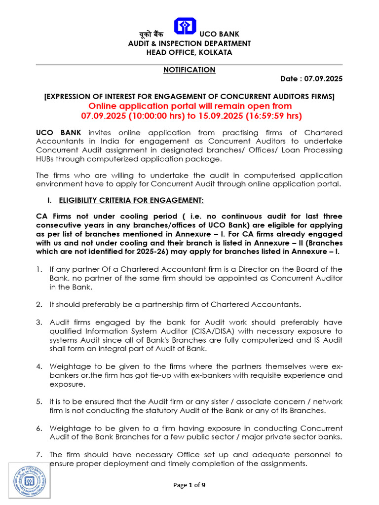 UCO Bank Concurrent Auditor EOI 2025 | PDF | Audit | Auditor's Report