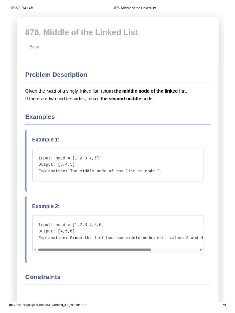 Middle Node in Linked List Solutions | PDF | Pointer (Computer ...
