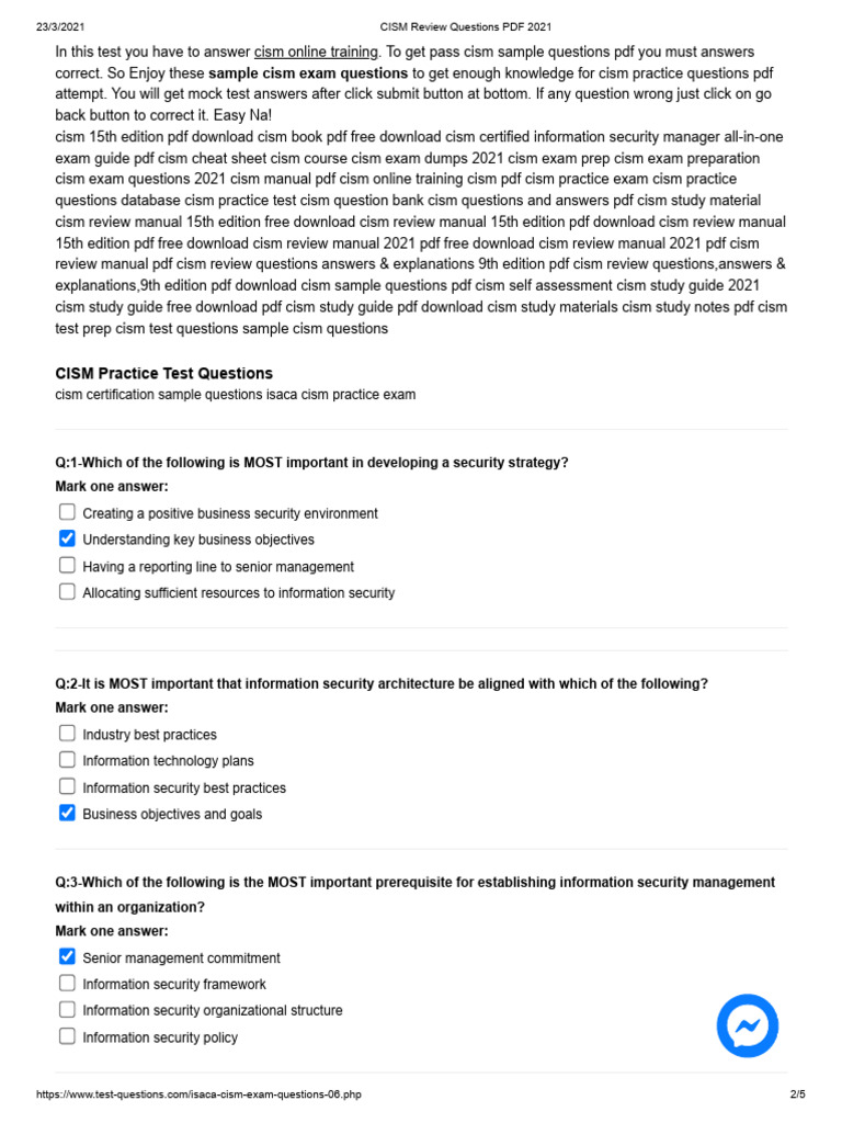 CISM Exam Practice Questions 2021 | PDF | Information Security