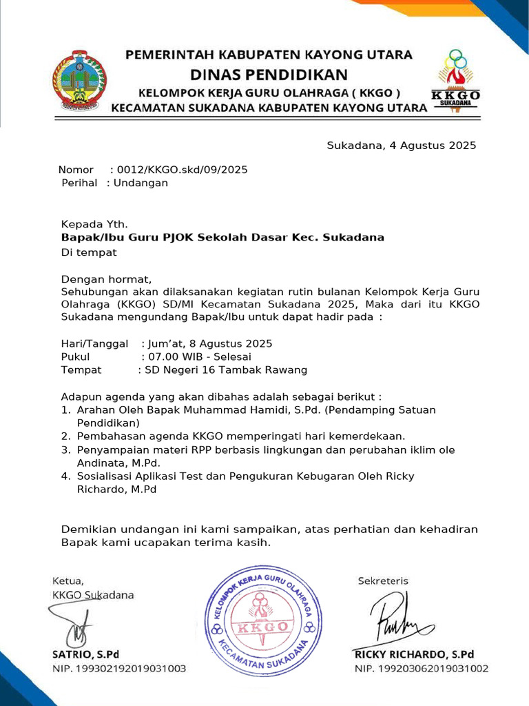 Undangan Rapat KKGO Sukadana 2025 | PDF