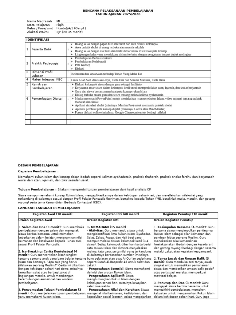 RPP Fiqih Kelas I: Rukun Islam 2025/2026 | PDF