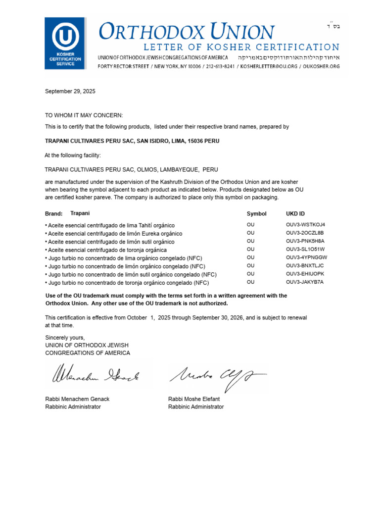 Kosher Certification for Trapani Products | PDF