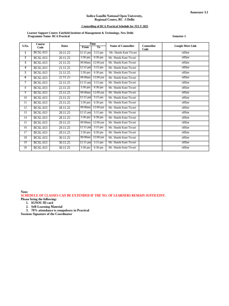 Schedule For BCA Practical Counselling JULY 2025 | PDF
