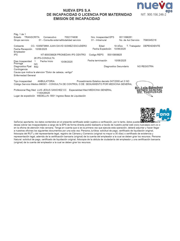 Certificado de Incapacidad Nueva EPS | PDF