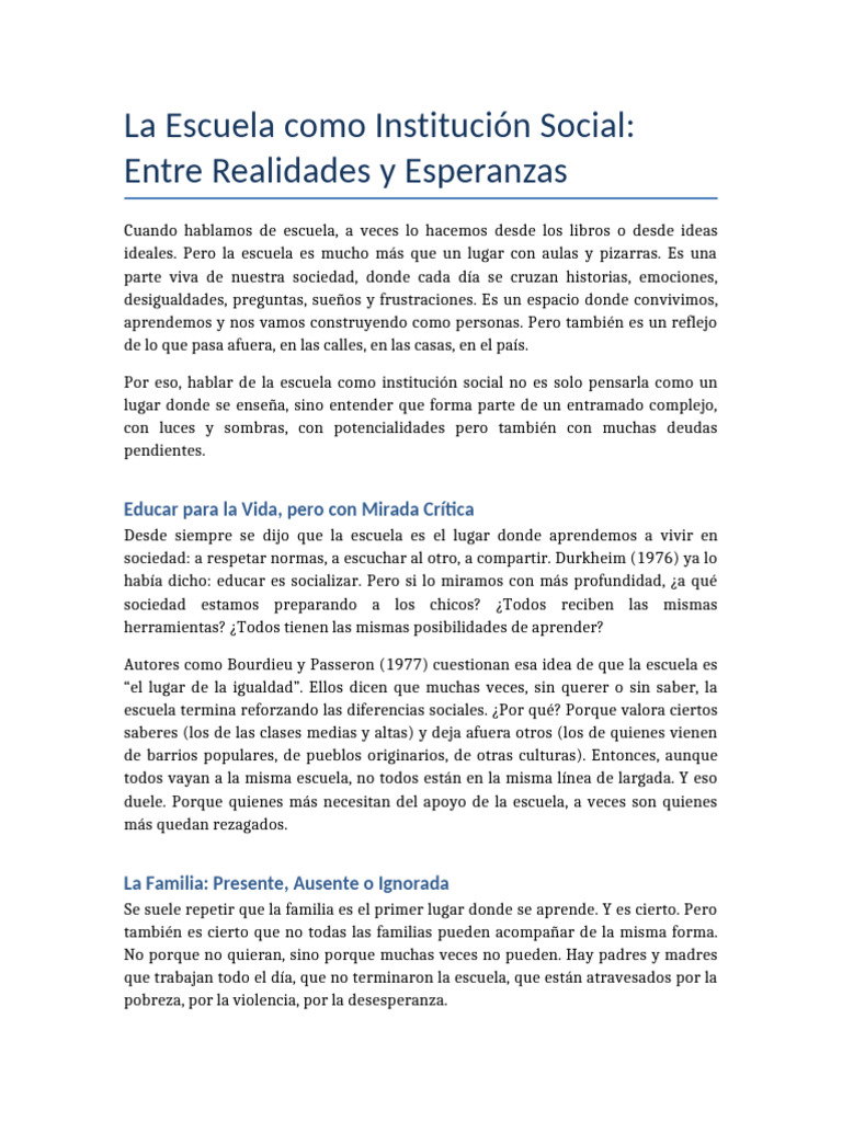 La Escuela Como Institucion Social | PDF | Escuelas | Sociedad