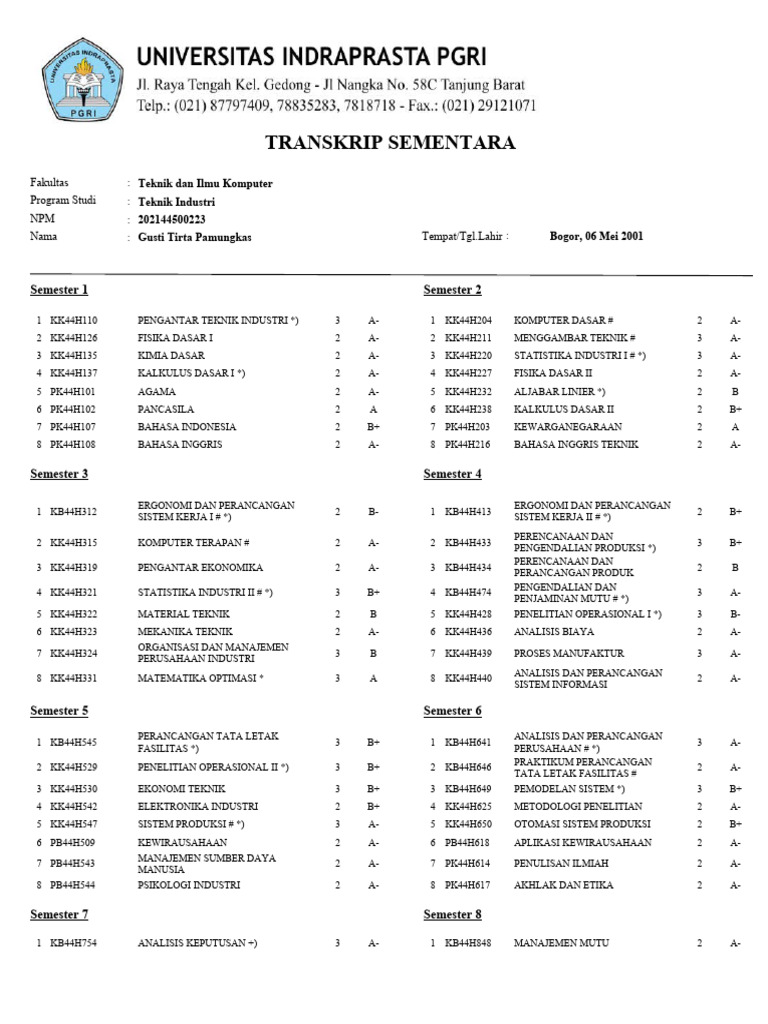 Transkrip Nilai Teknik Industri 2025 | PDF