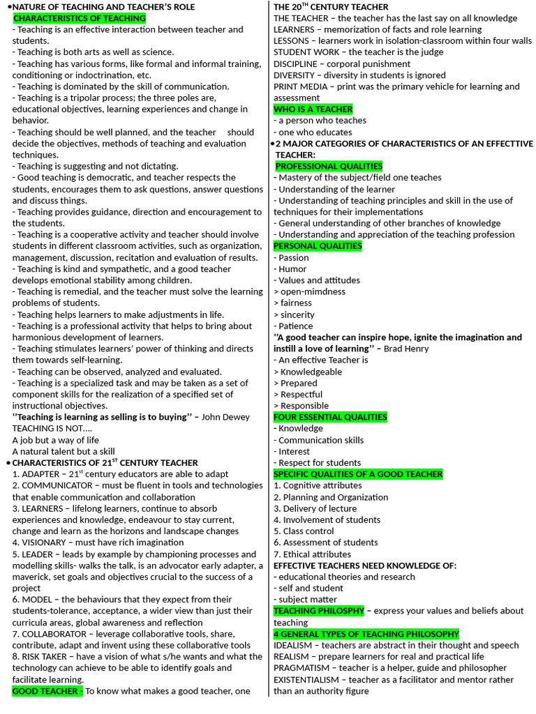 Teaching Roles and Characteristics Explained | PDF | Teachers | Learning