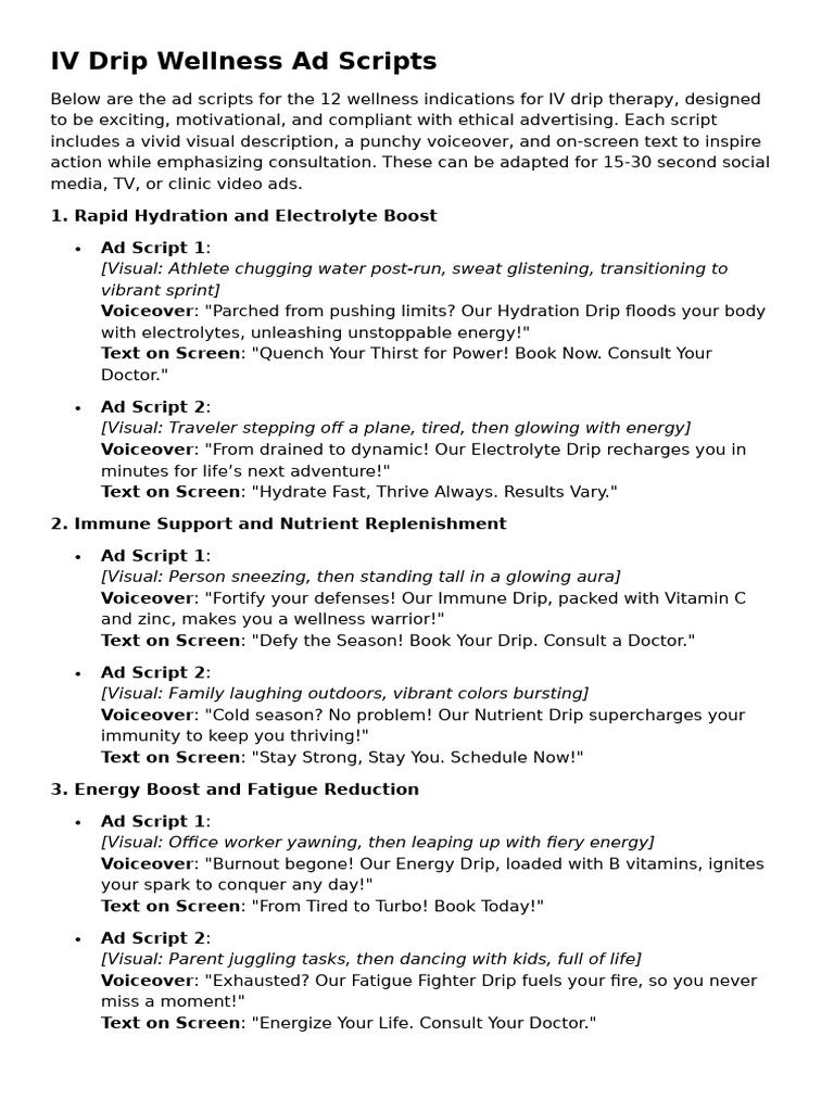 IV Drip Therapy Ad Scripts for Wellness | PDF | Clinical Medicine