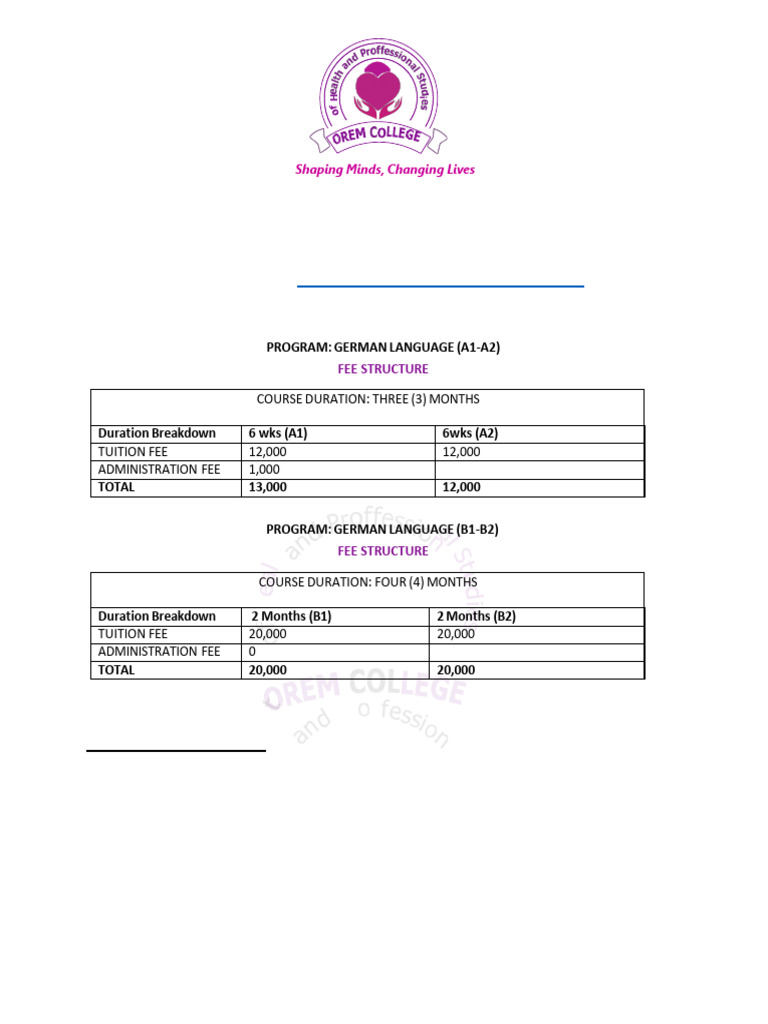 German Language Course Fees at Orem College | PDF