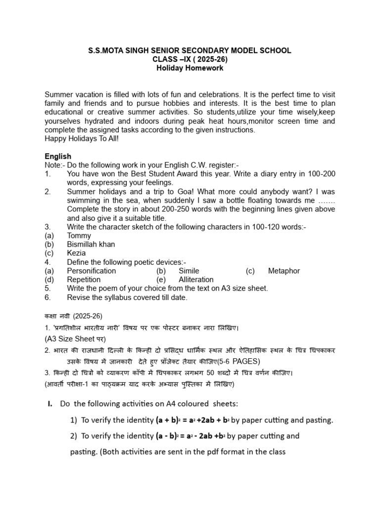 Holiday Homework Class IX | PDF | Speed | Velocity