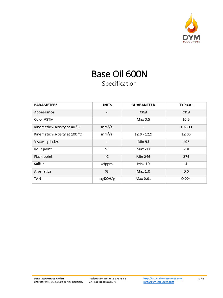 Base Oil 600N Specifications | PDF