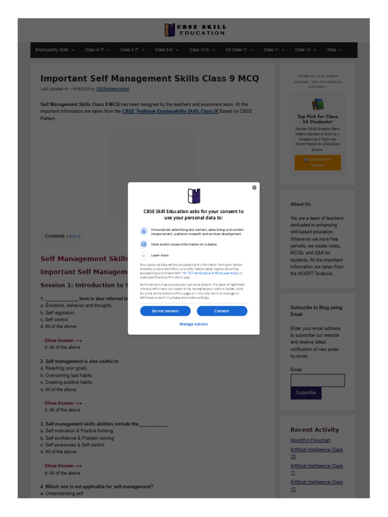 Class 9 Self Management Skills MCQs | PDF | Multiple Choice | Http Cookie