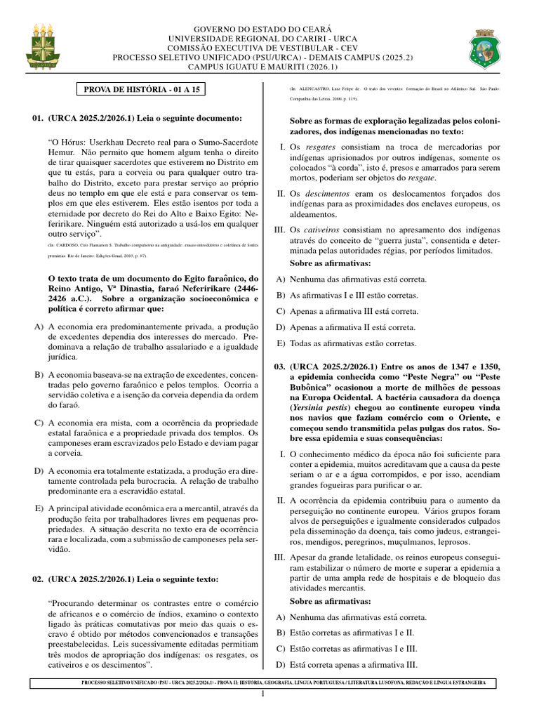 Prova de História PSU URCA 2025.2/2026.1 | PDF | Cuba | Geografia