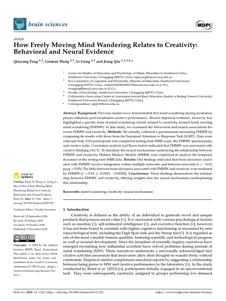brainsci-14-01122 | PDF | Creativity | Mind Wandering