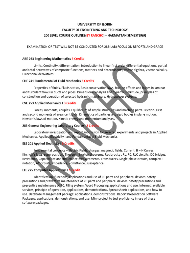 University of Ilorin 200 Level Engineering Courses | PDF | Engineering ...