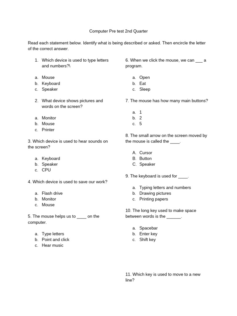 Computer Pre-Test: Device Identification | PDF | Computer Keyboard ...