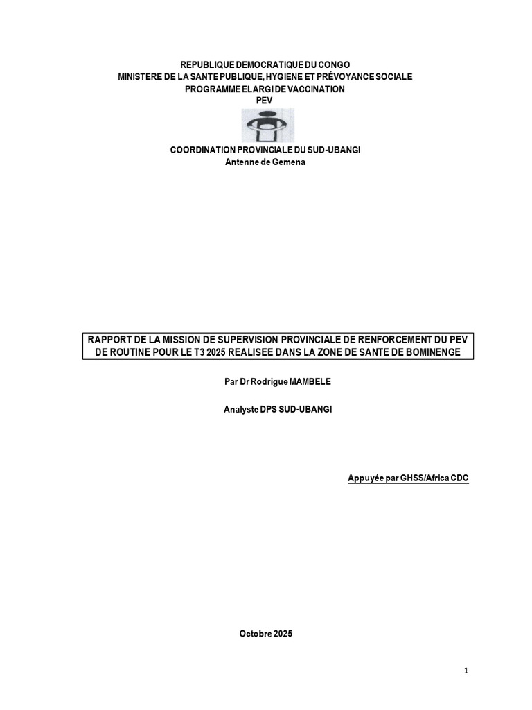Rapport de Supervision PEV T3 2025 RDC | PDF | Vaccination | Économie ...