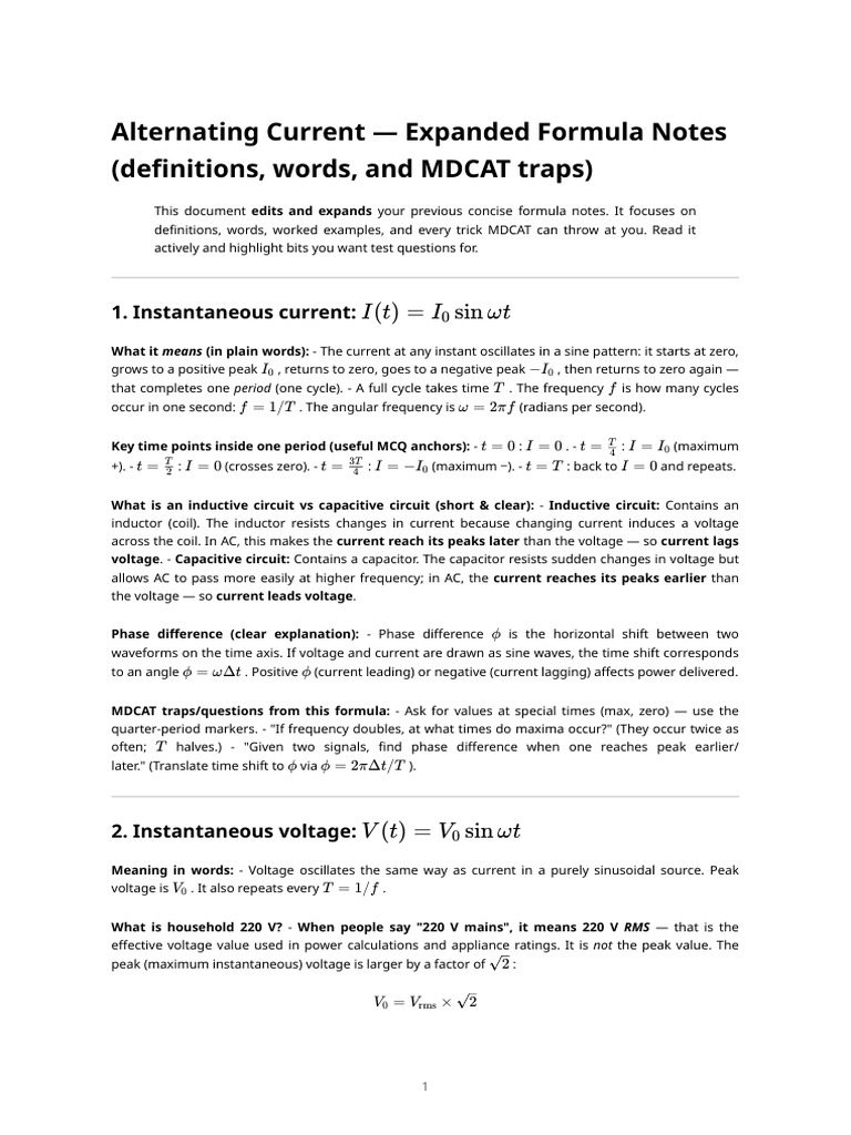 AC Formulas and MDCAT Insights | PDF | Root Mean Square | Inductor
