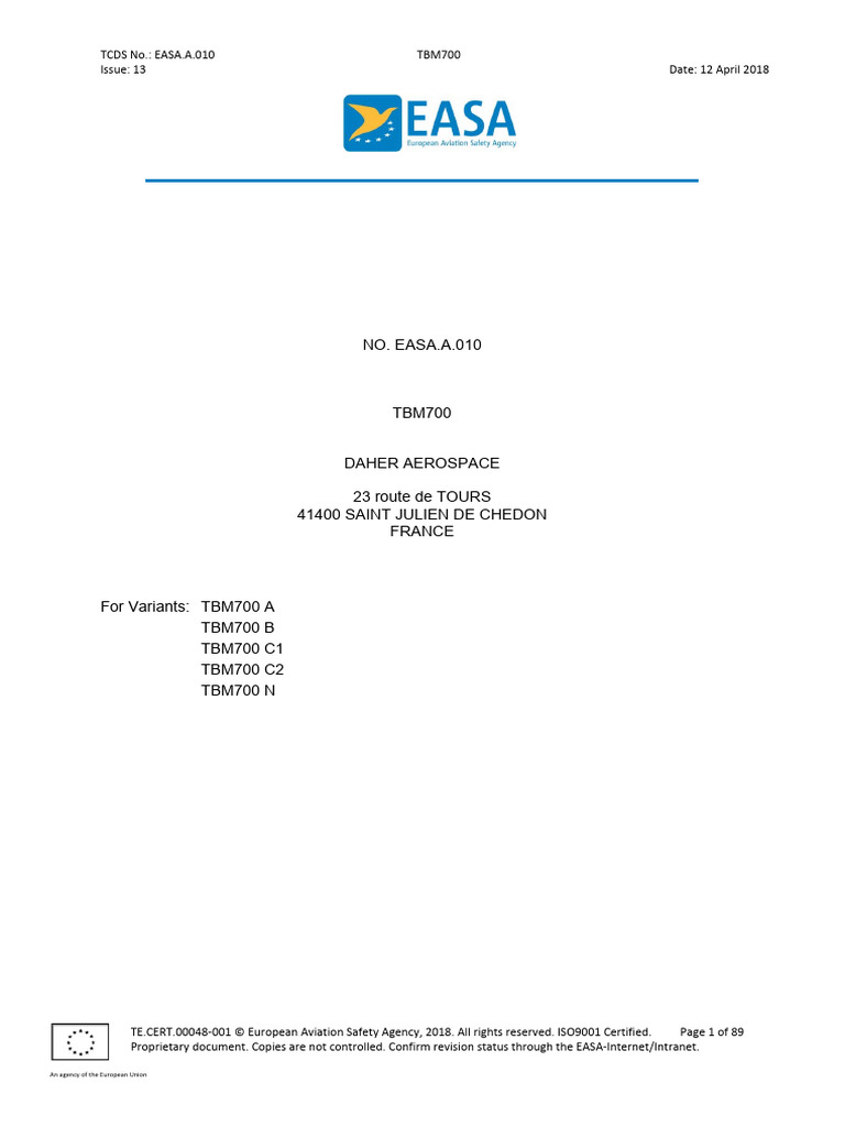 EASA Type Certificate Data Sheet TBM700 | PDF | Flight | Aviation