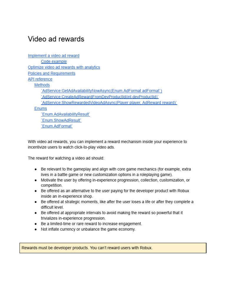 Implementing Video Ad Rewards in Roblox | PDF | Computing
