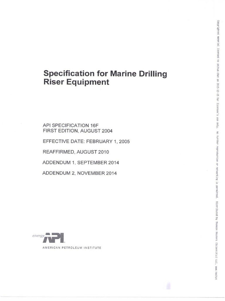 API Spec 16F 1st 2004 Specification For Marine Drilling Riser Equipment ...