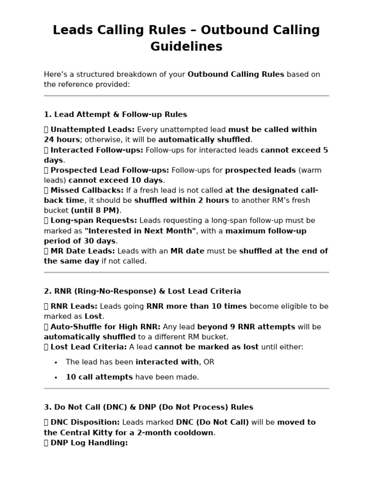 Outbound Calling Rules for Leads Management | PDF | Business