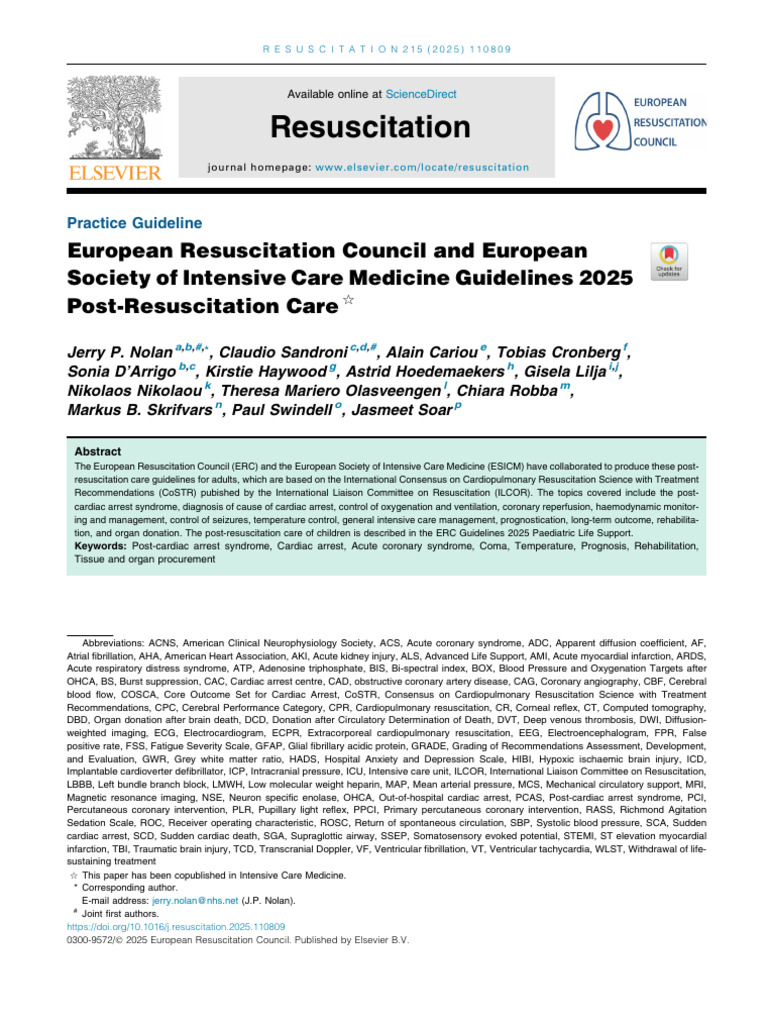 2025 ERC-ESICM Post-Resuscitation Guidelines | PDF | Cardiac Arrest ...