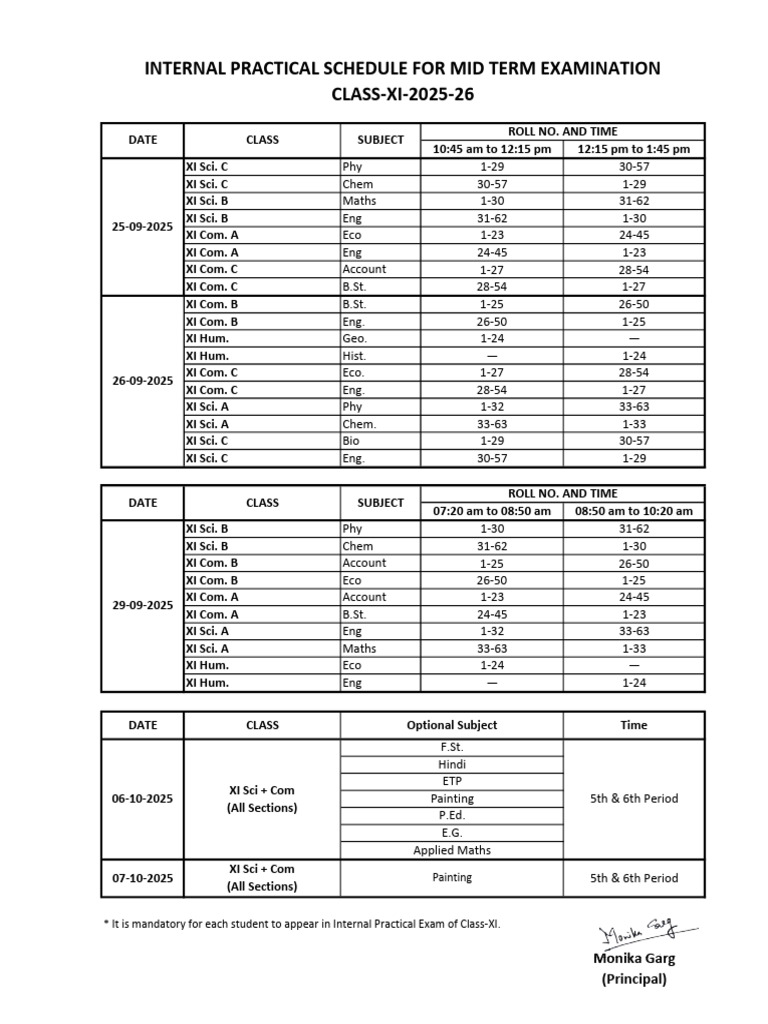 Class XI Mid Term Exam Schedule 2025 | PDF