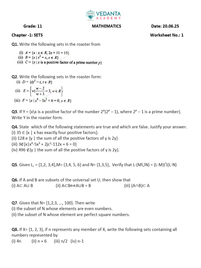 Grade 11 Sets Mathematics Worksheet | PDF