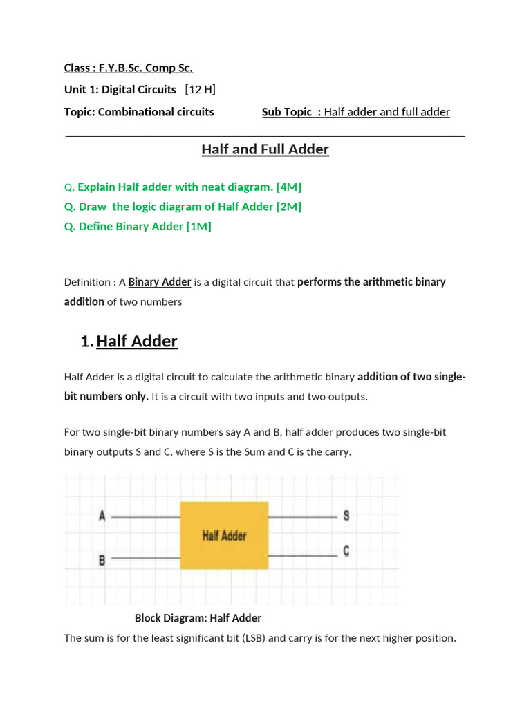 Half and Full Adder Explained | PDF | Electronic Design | Digital ...