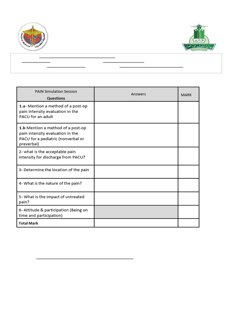 Pain Round Practical Session Assessment Sheet, 15-09-2023 | PDF