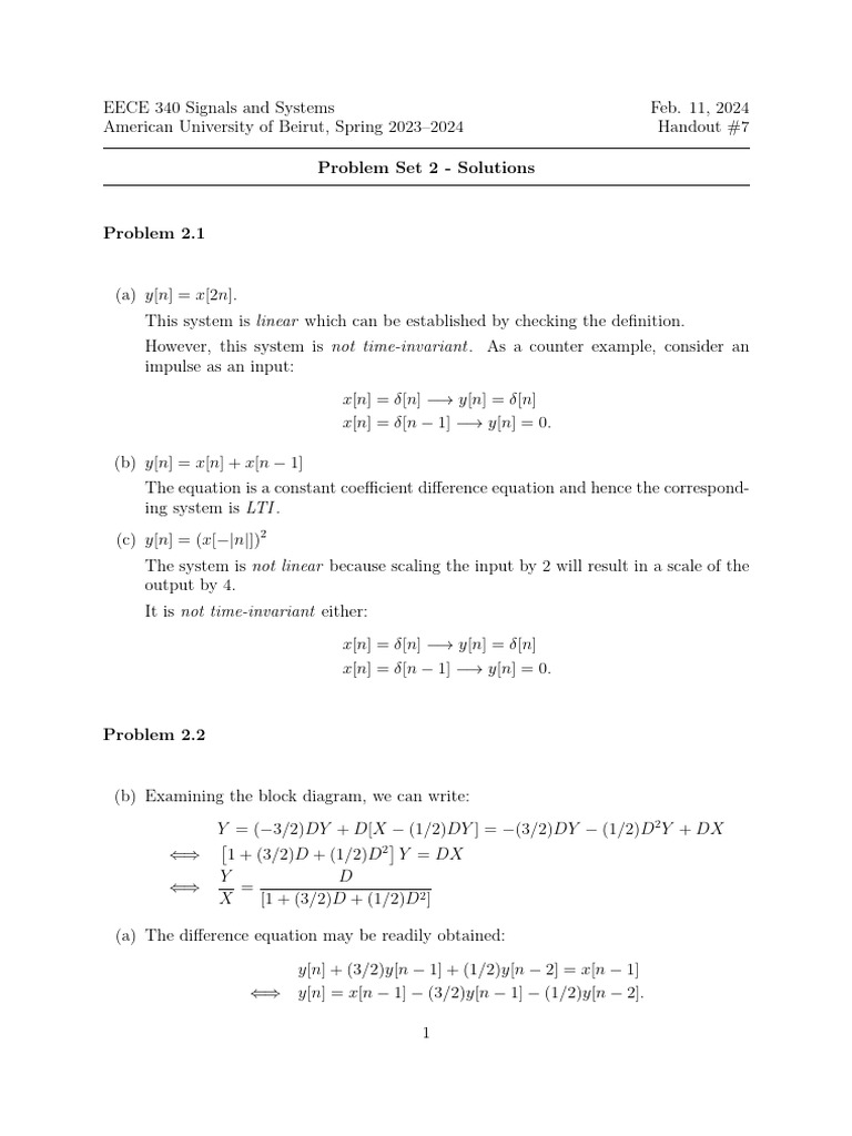 EECE 340 Signals and Systems Solutions | PDF | Function (Mathematics ...