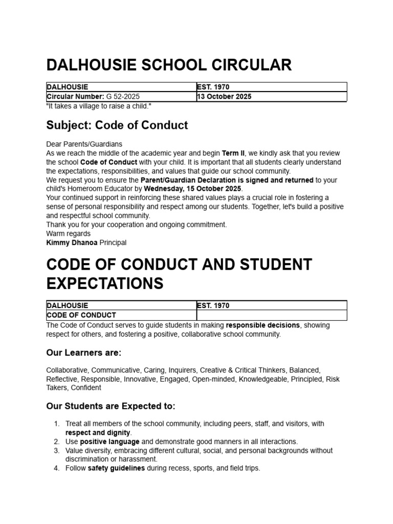 Dalhousie School Code of Conduct 2025 | PDF | Harassment | Bullying