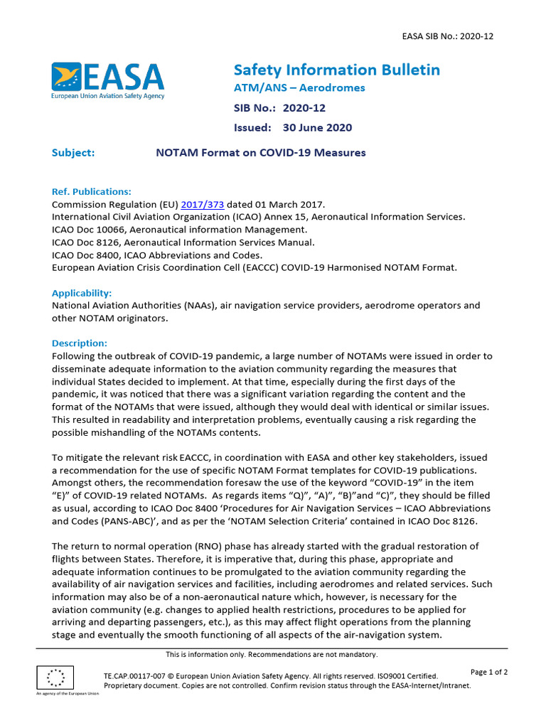 NOTAM Format on COVID 19 Measures | PDF | Aviation | Aviation Safety