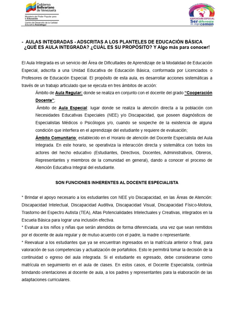 Orientación de Aulas Integradas | PDF | Salón de clases | Educación ...