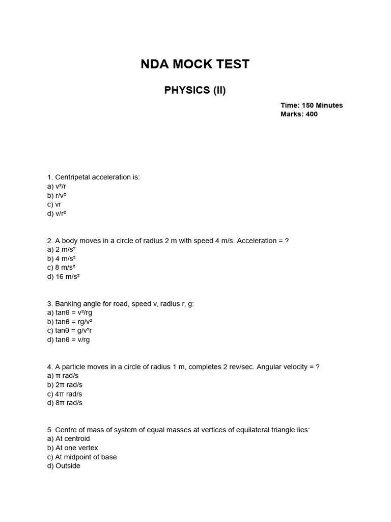 NDA Physics Mock Test Questions | PDF