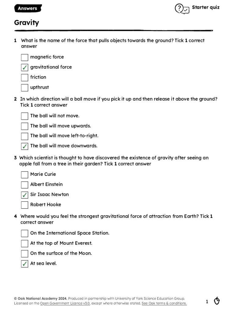 Gravity Starter Quiz for Students | PDF