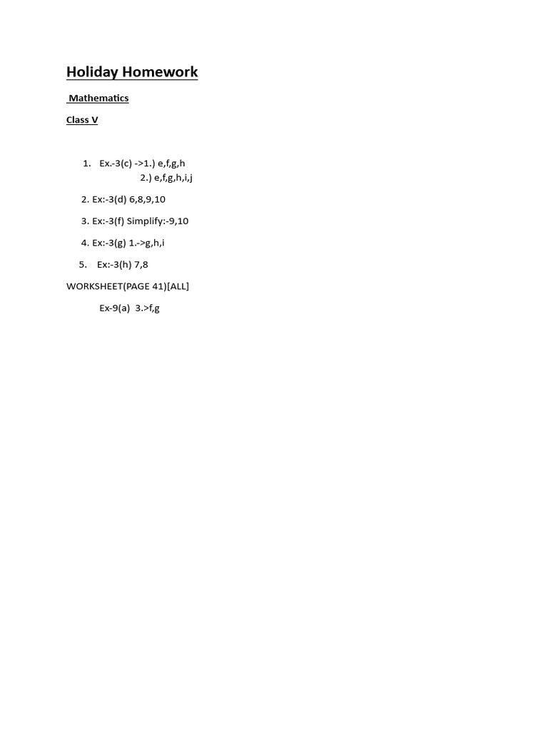 Class V Holiday Math Homework Guide | PDF