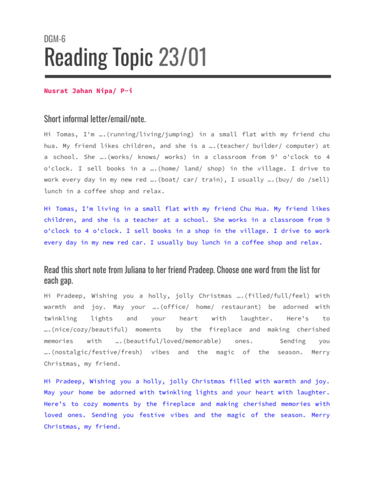 English - Note. Reading Test | PDF