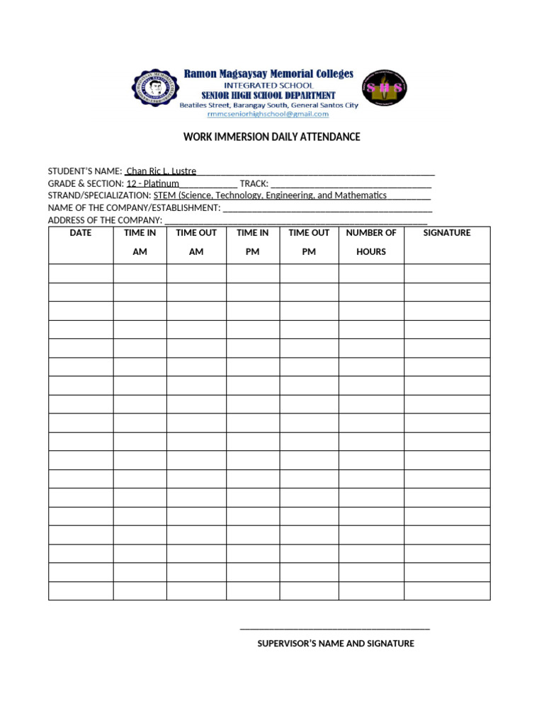 Work Immersion Attendance Log | PDF