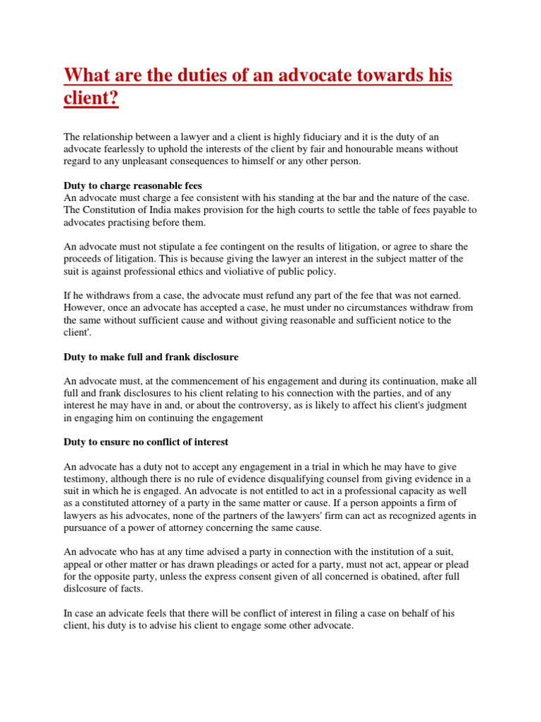 Advocate's Duties to Clients Explained | PDF | Advocate | Lawyer