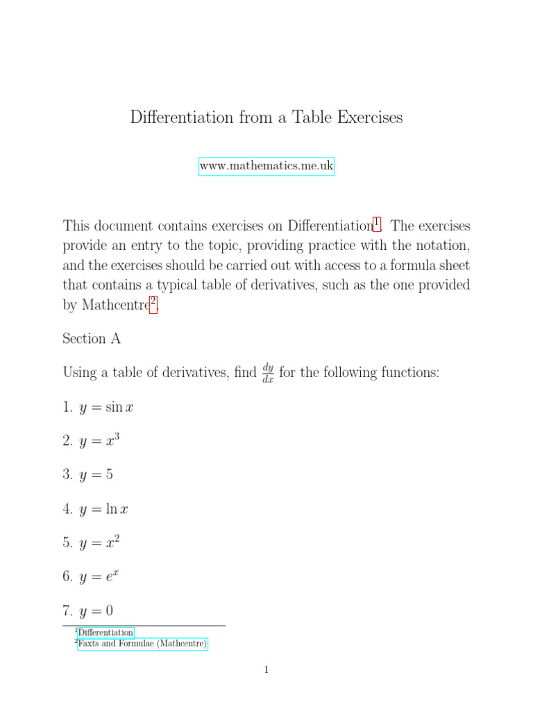 Differentiation From The Table Exercises | PDF