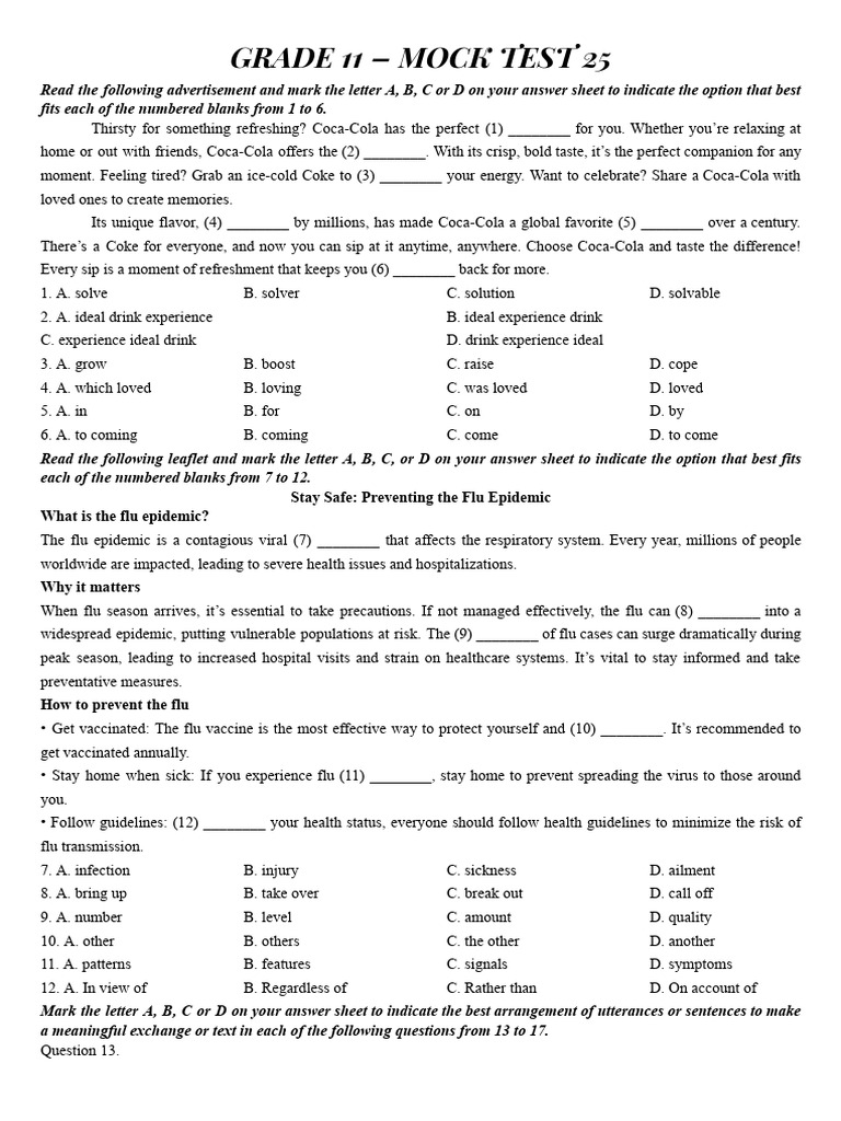 Grade 11 - Mock Test 25 - (2024-2025) | PDF | Influenza