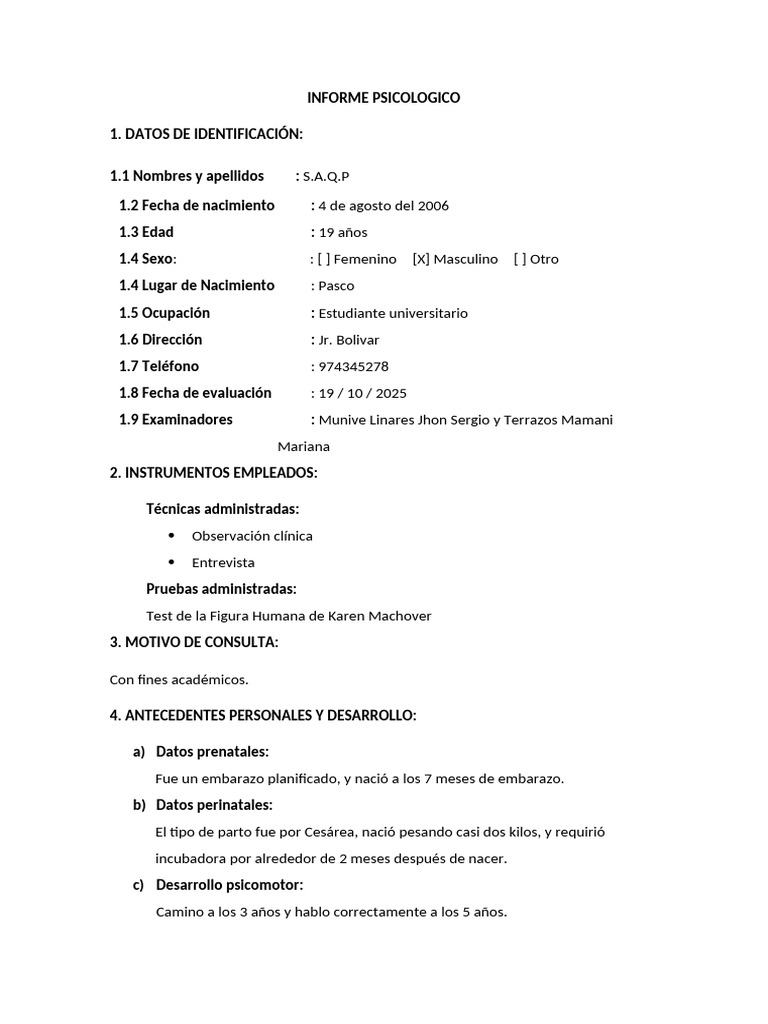 Informe Psicológico de S.A.Q.P. | PDF | Las emociones | Autoestima