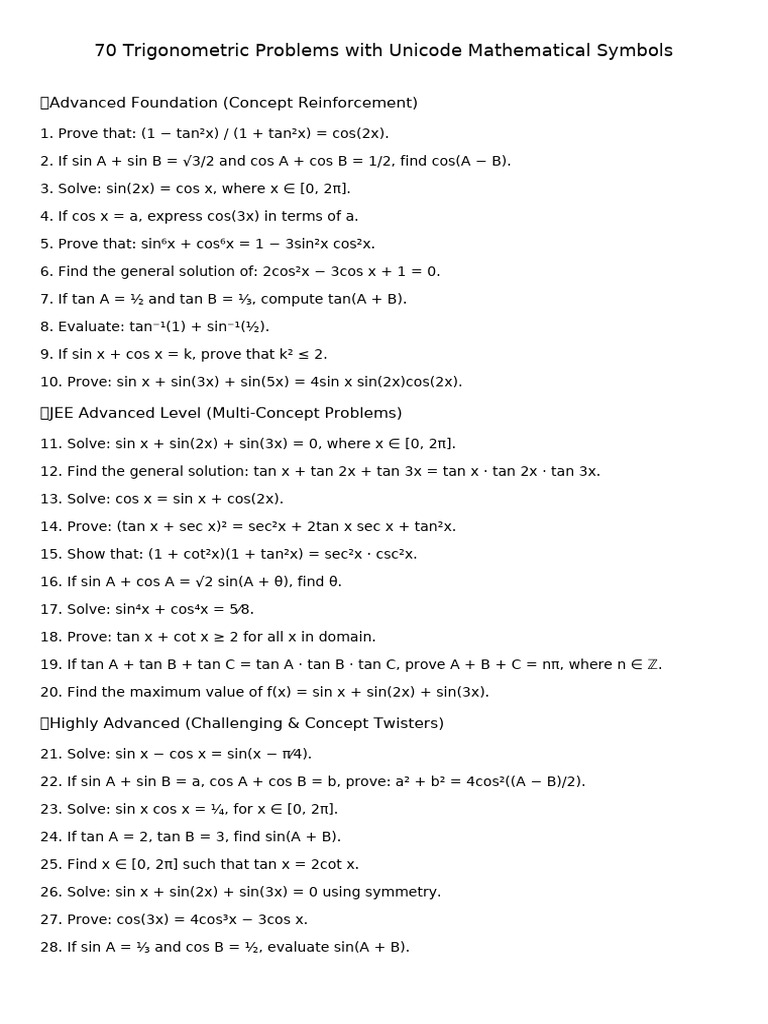 70 Advanced Trigonometric Problems | PDF