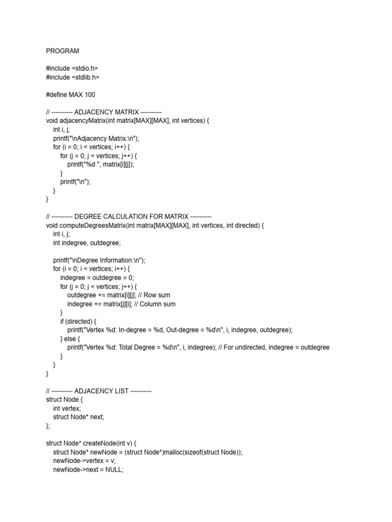 Graph Representation in C: Matrix & List | PDF | Vertex (Graph Theory ...
