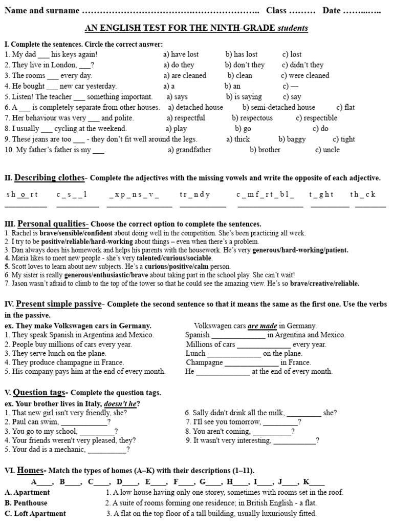 An English Test For The Ninth-Grade Students | PDF | Apartment