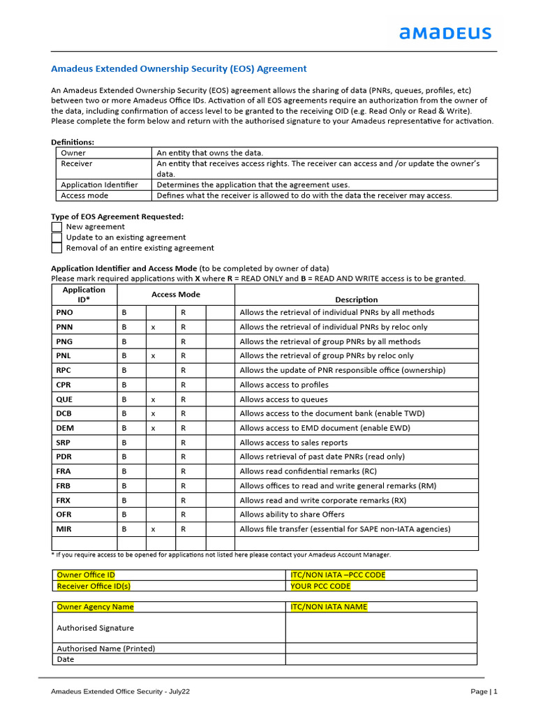 Amadeus EOS Agreement Form | PDF | Data | Computing