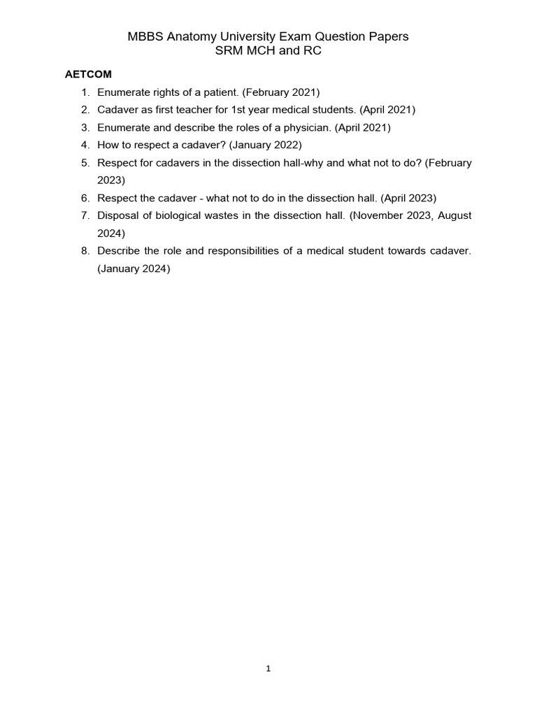 MBBS Anatomy Exam Questions Collection | PDF | Foot | Hand